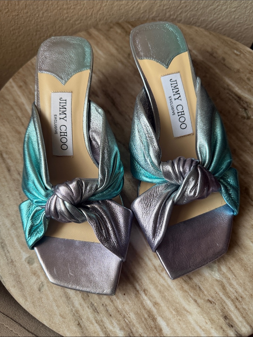 Jimmy Choo Metallic Knot Slide Sandals in Teal and Silver